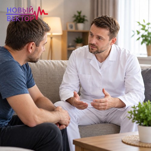 Нарколог в белой медицинской форме консультирует мужчину на дому, объясняя особенности кодирования от алкоголизма и подготовку к лечению алкогольной зависимости